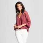 Women's 3/4 Sleeve Embroidered Lace Arm Button Front Blouse - Knox Rose Plum