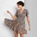 Women's Short Sleeve Plunging Smocked Waist Dress - Wild Fable Black Floral