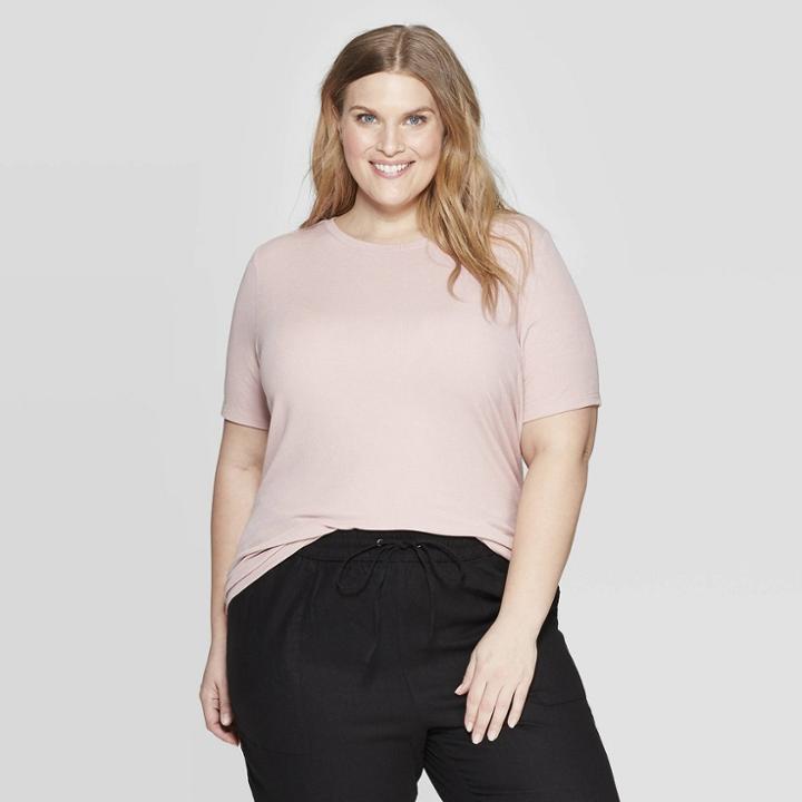 Women's Plus Size Short Sleeve Crewneck Rib T-shirt - Ava & Viv Pink