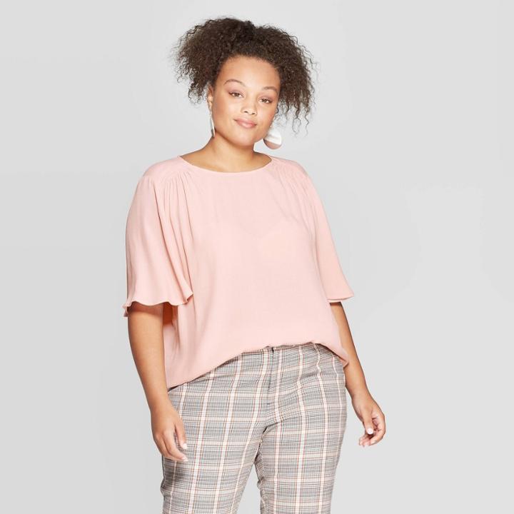 Women's Plus Size Short Sleeve Smocked Shoulder Crewneck Blouse - Ava & Viv Pink