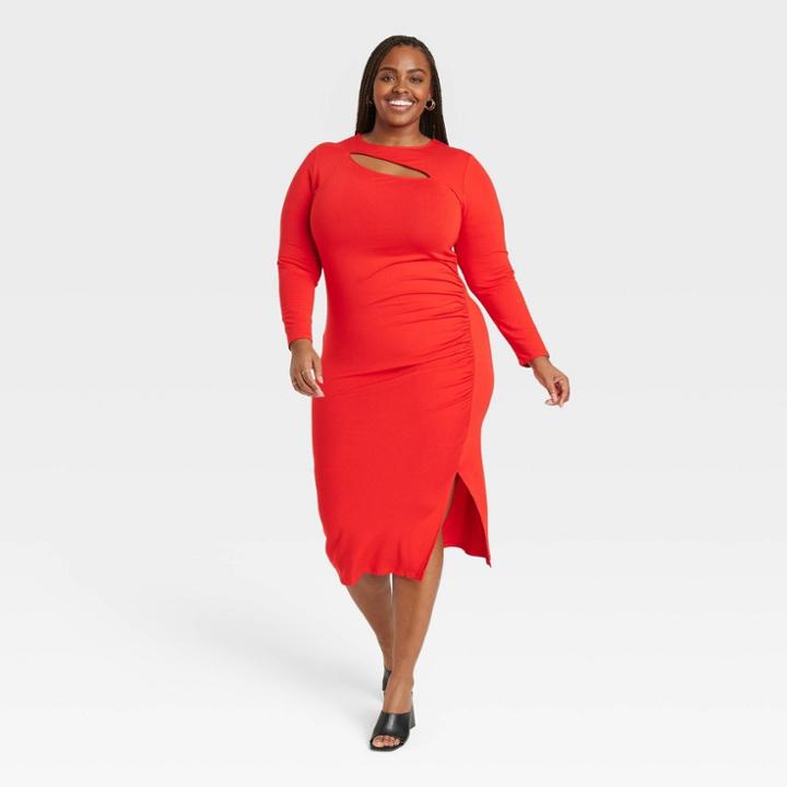 Women's Long Sleeve Slit Dress - Ava & Viv Red