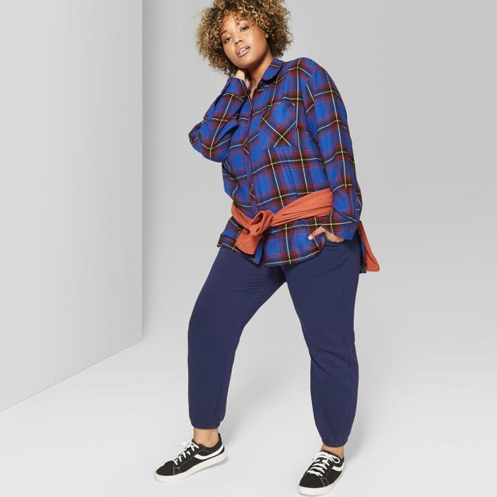 Women's Plus Size Plaid Oversized Long Sleeve Button-down Top - Wild Fable Red