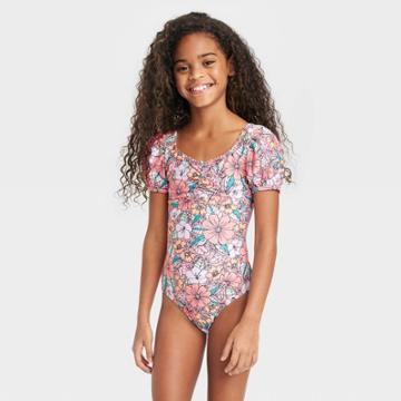 Girls' Floral Print Puff Sleeve Swimsuit - Cat & Jack
