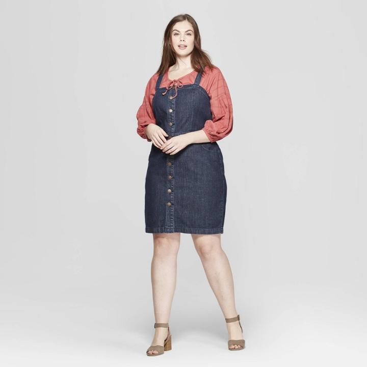 Women's Plus Size Sleeveless Square Neck Apron Denim Dress - Universal Thread Blue