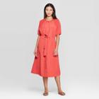 Women's Elbow Sleeve Shirred Crewneck Midi Dress - Prologue Red