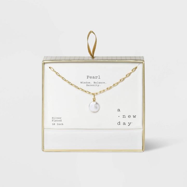 Silver Plated Coin Pearl Paperclip Link Y Necklace - A New Day Off White