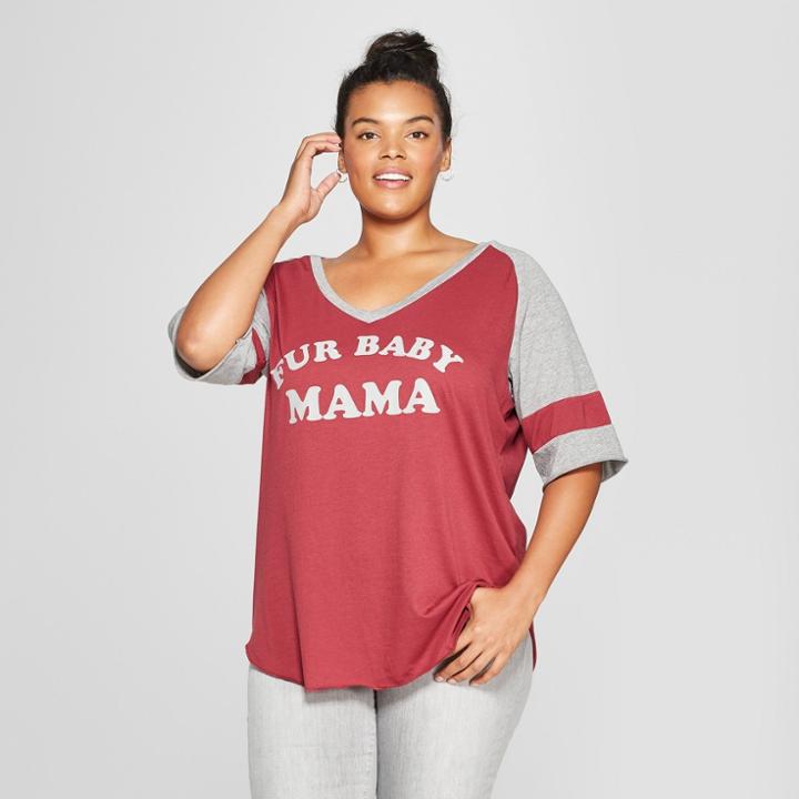 Women's Plus Size 3/4 Sleeve Faux Fur Baby Mama Graphic T-shirt - Fifth Sun (juniors') Burgundy