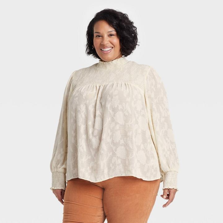 Women's Plus Size Long Sleeve Smocked Top - Knox Rose Ivory Floral