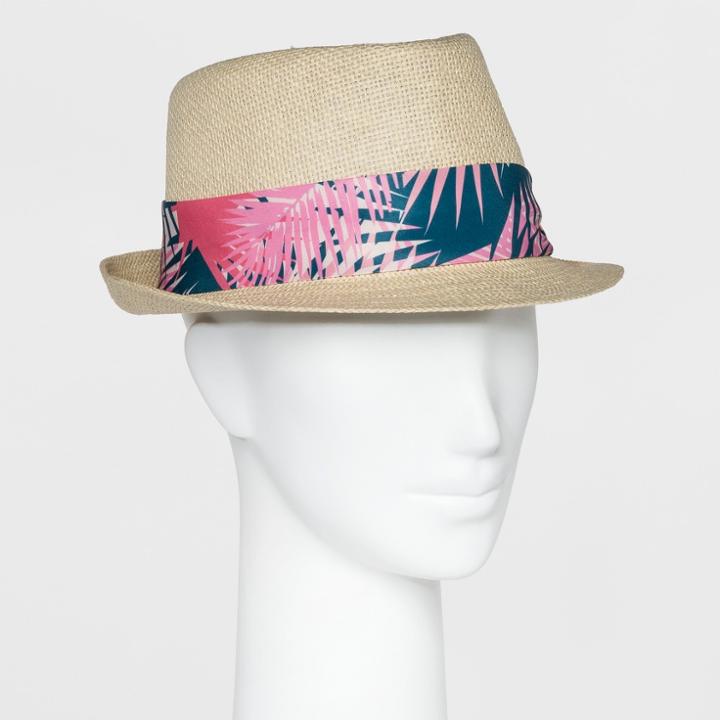 Women's Straw With Printed Band Fedora - A New Day Tan