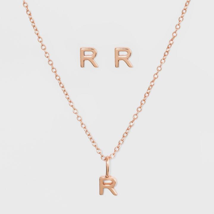 Sterling Silver Initial R Earrings And Necklace Set - A New Day Rose Gold, Girl's, Rose Gold - R