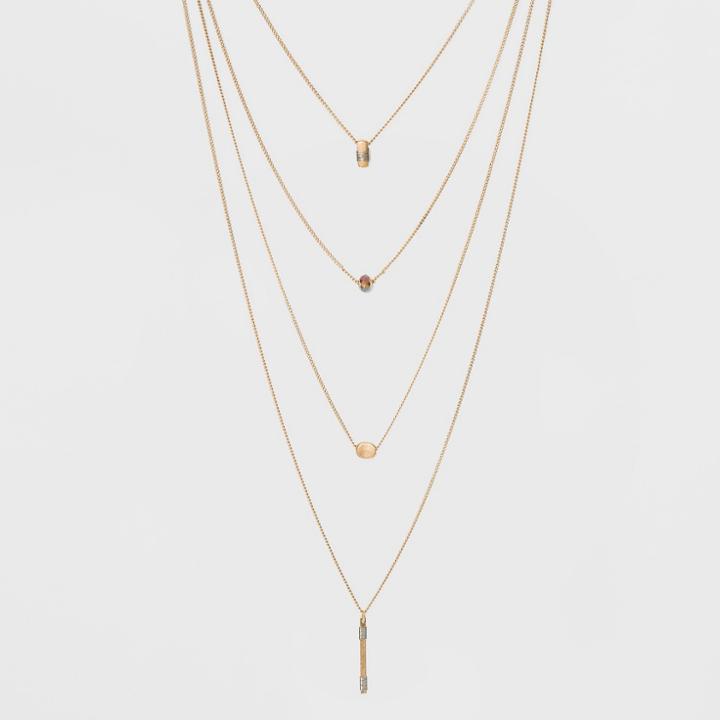 Multi Row Round Solid Charm And Wire Wrapped Bar Layered Necklace - Universal Thread Gold