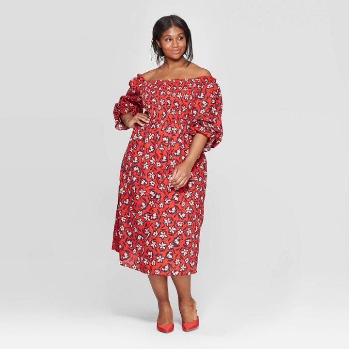 Women's Plus Size Floral Print Elbow Sleeve Square Neck Shirred Midi Dress - Who What Wear Red