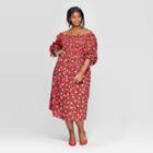 Women's Plus Size Floral Print Elbow Sleeve Square Neck Shirred Midi Dress - Who What Wear Red