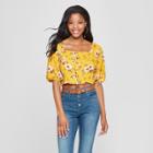 Women's Floral Print Button Front Square Neck 3/4 Sleeve Cropped Top - Xhilaration Gold