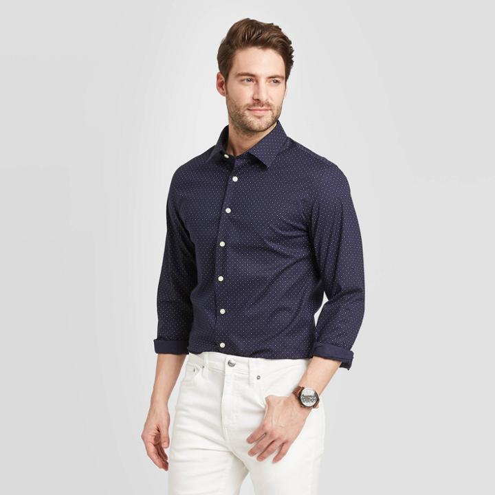Men's Polka Dot Slim Fit Long Sleeve Button-down Shirt - Goodfellow & Co Navy S, Men's, Size: