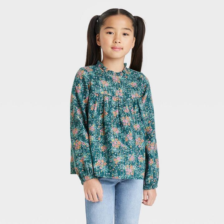 Girls' Long Sleeve Woven Shirt - Cat & Jack Dark Teal