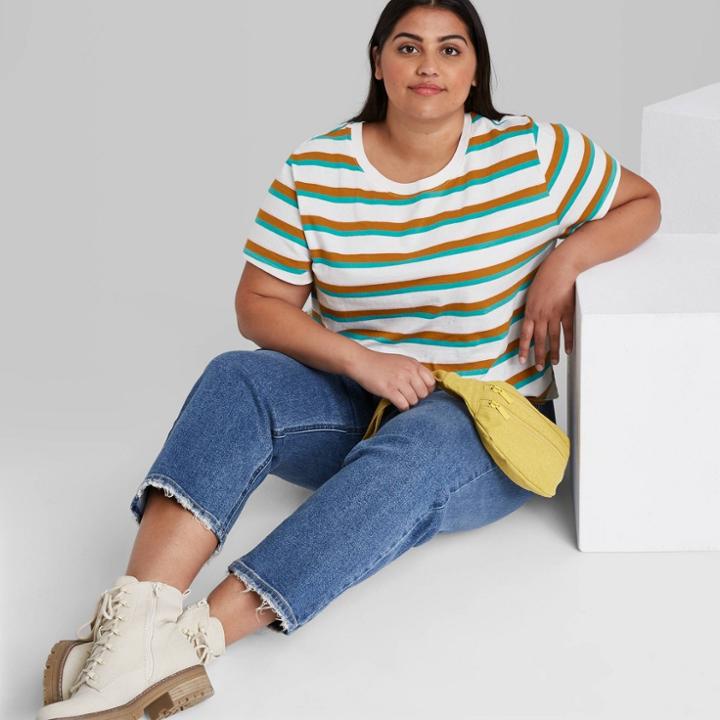 Women's Plus Size Short Sleeve Shrunken Boxy T-shirt - Wild Fable Cream Multi Striped 1x, Ivory