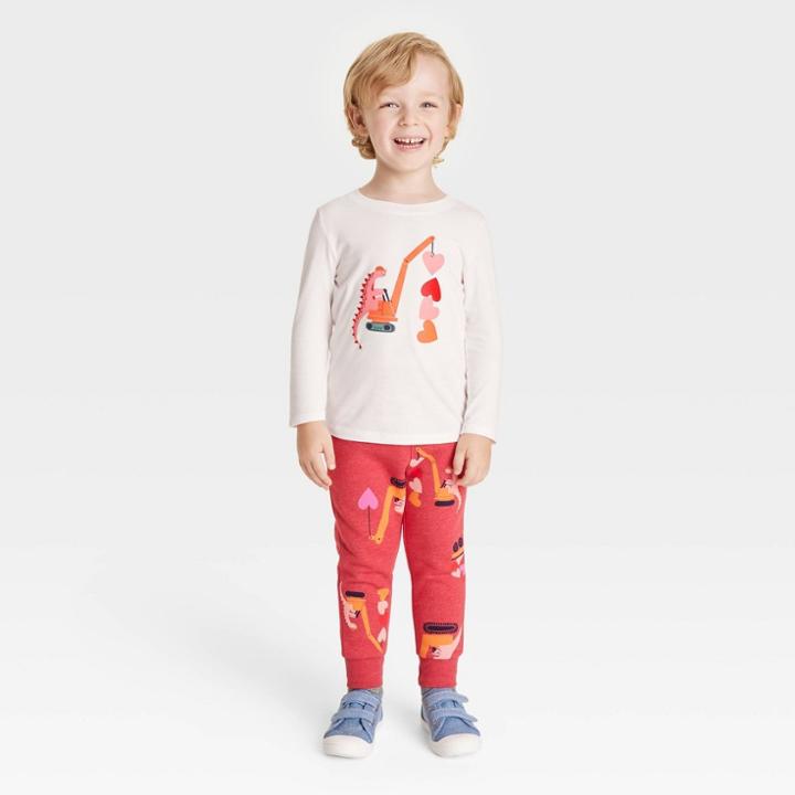 Toddler Boys' Valentine's Day Dino Long Sleeve T-shirt And Fleece Jogger Pants Set - Cat & Jack Cream