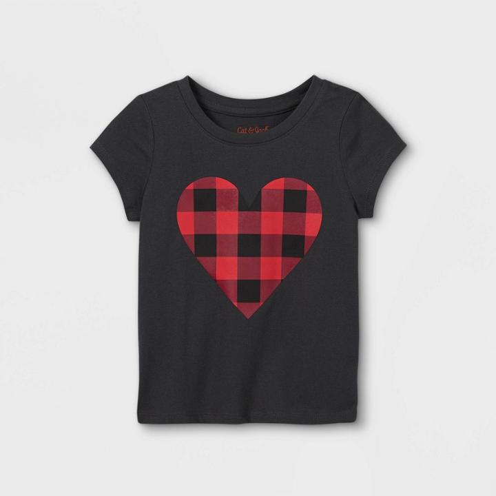 Toddler Girls' Buffalo Check Heart Short Sleeve Graphic T-shirt - Cat & Jack Dark Gray