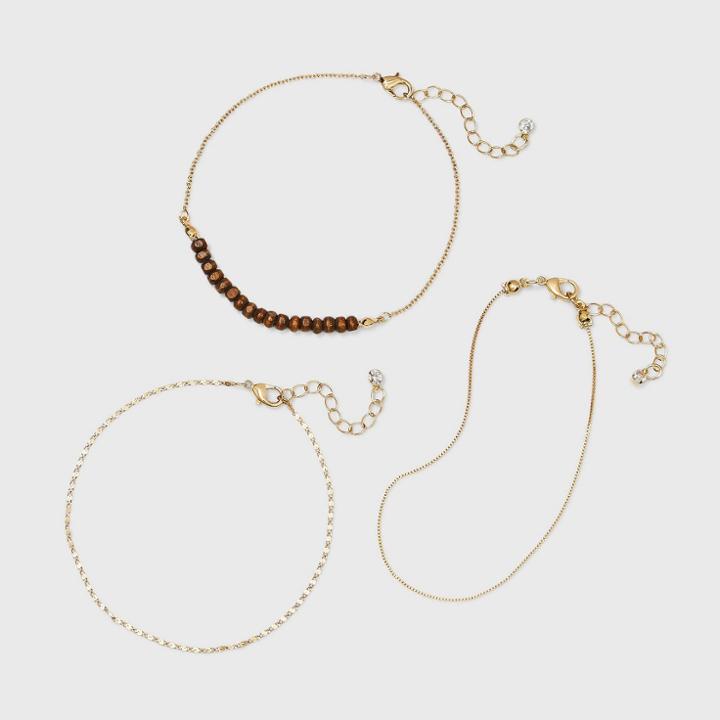Wood Beaded Chain Anklet Set 3pc - A New Day Brown