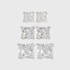 Distributed By Target Women's Sterling Silver Stud Or Square Cubic Zirconia Earring Set
