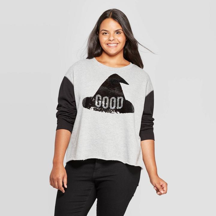 Zoe+liv Women's Good Witch/bad Reversible Sequin Plus Size Sweatshirt Graphic T-shirt (juniors') - Gray/black