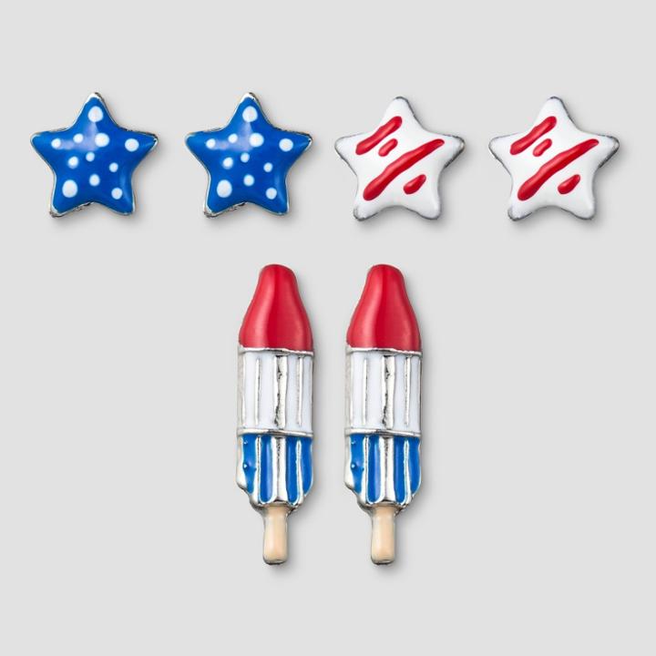 Distributed By Target Women's Earring Trio Set With Americana Stars And Popsicle - Blue