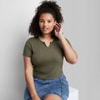Women's Plus Size Short Sleeve Notch Front Baby T-shirt - Wild Fable Olive Green