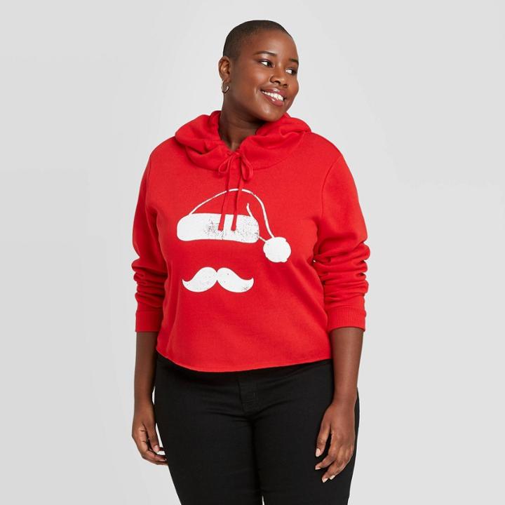 Modern Lux Women's Plus Size Santa Ugly Holiday Hooded Sweatshirt - Red