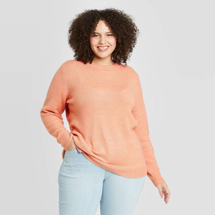 Women's Plus Size Crewneck Pullover Sweater - Ava & Viv Pink X