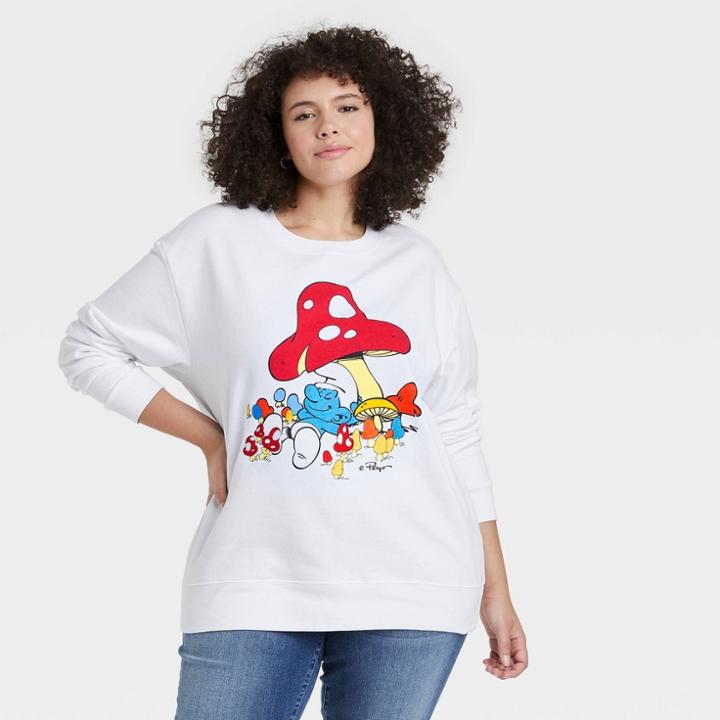 Women's Smurfs Plus Size Embroidered Mushrooms Graphic Sweatshirt - White