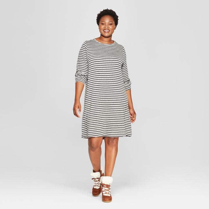 Women's Plus Size Striped Crew Neck Knit Dress - Ava & Viv Heather Gray/black X