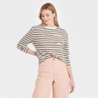 Women's Striped Slim Fit Long Sleeve Round Neck Pocket T-shirt - A New Day Brown