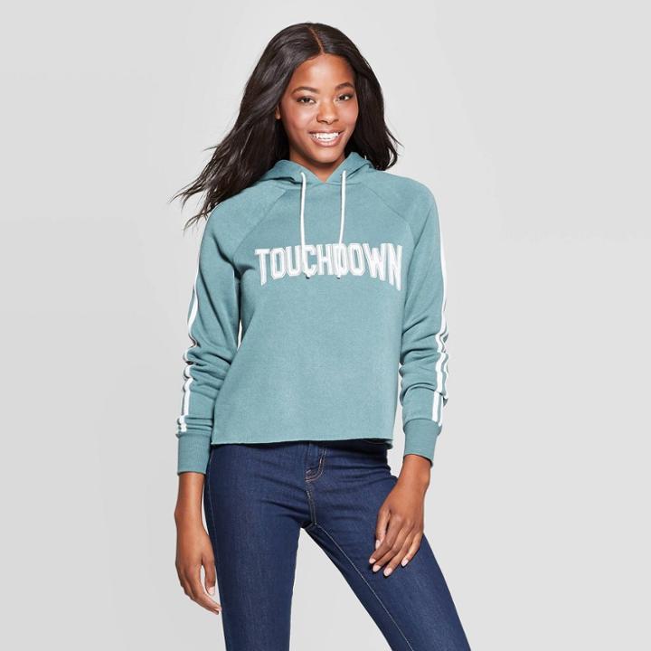 Grayson Threads Women's Touchdown Cropped Hoodie Sweatshirt (juniors') - Teal L, Women's, Size: