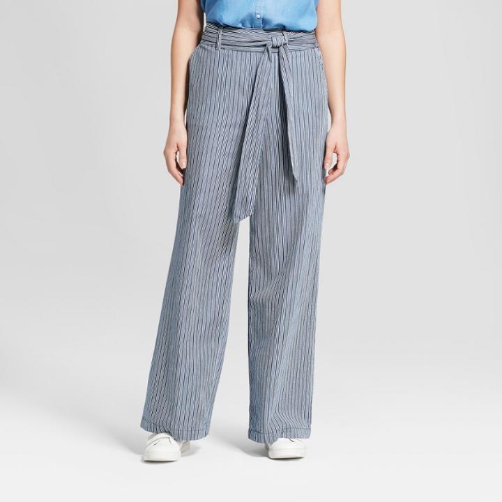 Women's Striped Tie Waist Pants - A New Day Blue/white Xxs