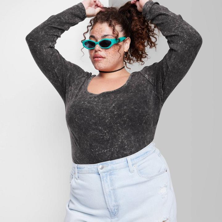 Women's Plus Size Long Sleeve Scoop Neck Ribbed T-shirt - Wild Fable Dark Gray Wash