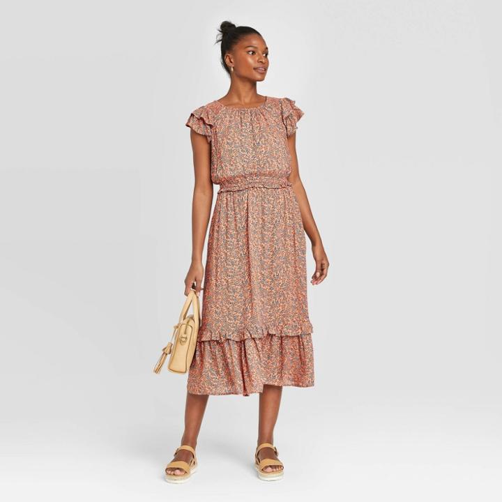 Women's Floral Print Short Sleeve Midi Ruffle Dress - Universal Thread Pink