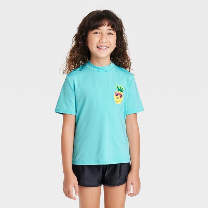 Girls' Solid Fruit Short Sleeve Rash Guard Swim Top - Cat & Jack Blue