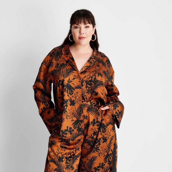 Women's Plus Size Long Sleeve Satin Blouse - Future Collective With Kahlana Barfield Brown Brown/black Palm Print