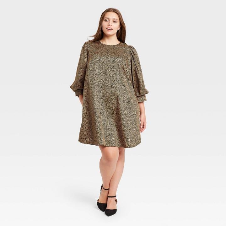 Women's Plus Size Puff 3/4 Sleeve Dress - A New Day Brown