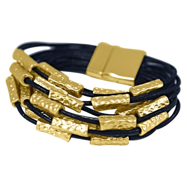 Zirconmania Zirconite Multi-strand Genuine Leather Cuff Bracelet With Textured Bar Inserts - Black