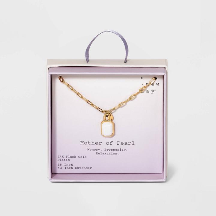 Silver Plated Gold Dipped Paperclip Chain And Semi-precious Stone 18 Pendant Necklace - A New Day Mother Of Pearl