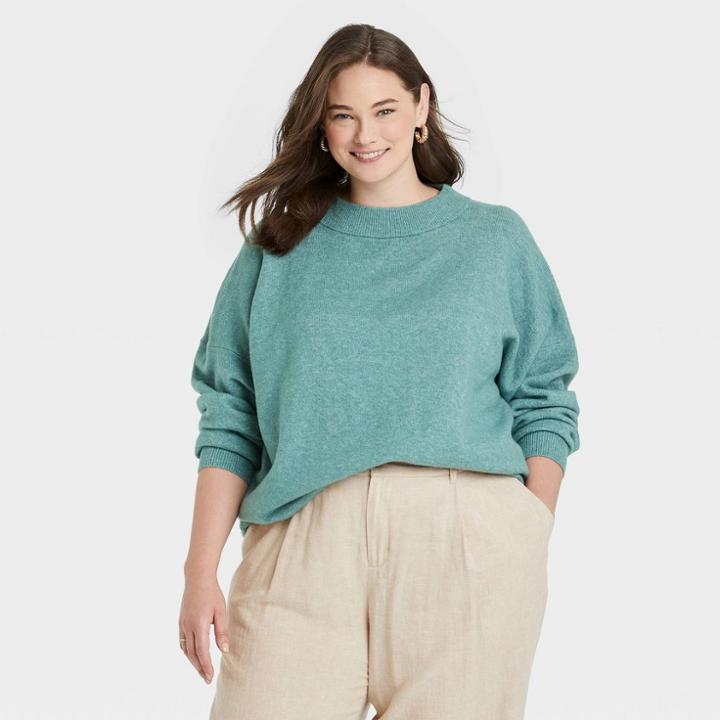 Women's Plus Size Slouchy Mock Turtleneck Pullover Sweater - A New Day Blue