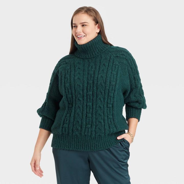 Women's Plus Size Mock Turtleneck Cable Knit Pullover Sweater - A New Day Green