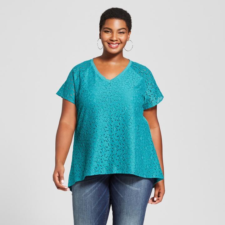 Women's Plus Size Lace V-neck Short Sleeve T-shirt - Ava & Viv Teal (blue) X