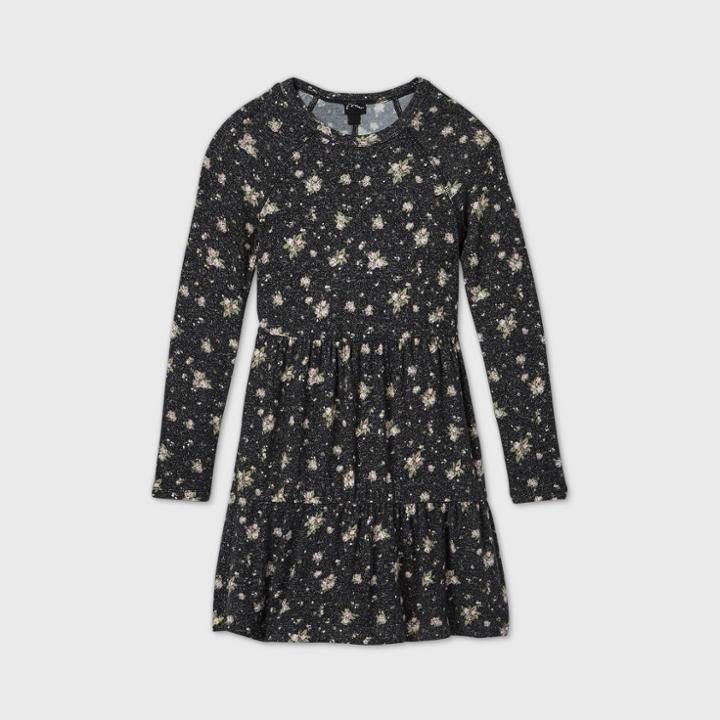 Girls' Babydoll Tiered Long Sleeve Dress - Art Class Black