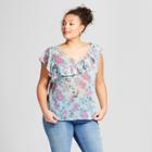 Women's Plus Size Floral Print Short Sleeve Asymmetrical Blouse - A New Day