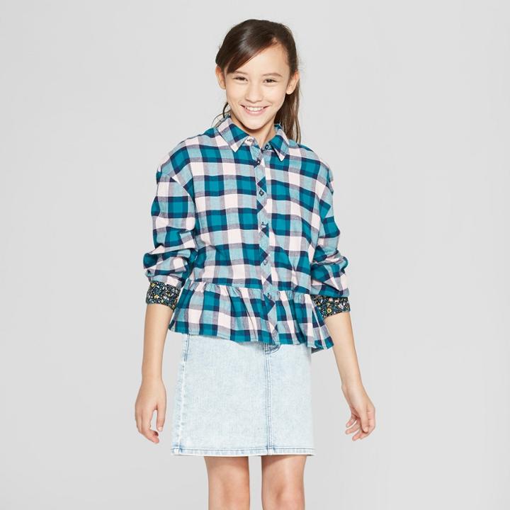 Girls' Long Sleeve Plaid Peplum Tunic - Art Class Green