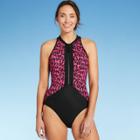 Women's Zip-up Racerback One Piece Swimsuit - Aqua Green Pink