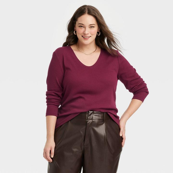 Women's Plus Size Long Sleeve Ribbed Scoop Neck T-shirt - A New Day Burgundy